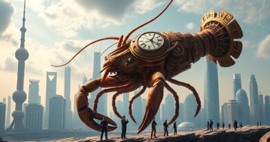 Olbrzymi, steampunkowy homar mechaniczny nad futurystycznym Shanghaiem, wywołujący zachwyt i niepokój pracowników Alibaba i Baidu.