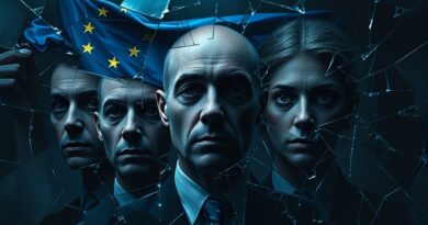 Rozbite szkło odbija zniekształcone twarze. Flaga UE symbolizuje regulacje AI po aferze z Grokiem.