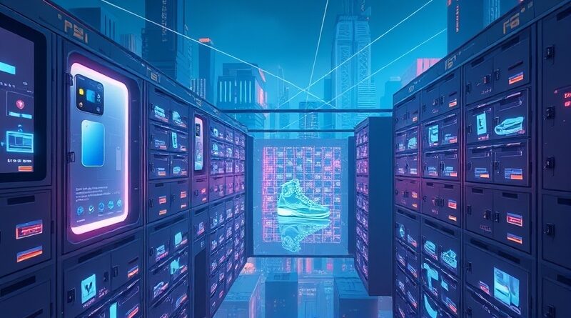Futurystyczne miasto z ogromną siecią Paczkomatów InPost zarządzaną przez AI Von Halsky. Hologramy produktów w terminalach.