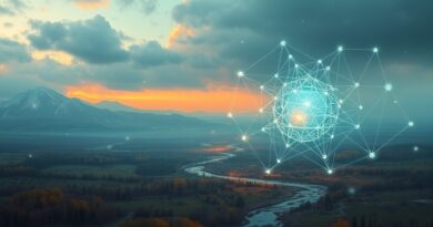 Futurystyczna sieć danych chroniąca stylizowane ukraińskie pole bitwy, symbolizująca użycie AI w obronie.