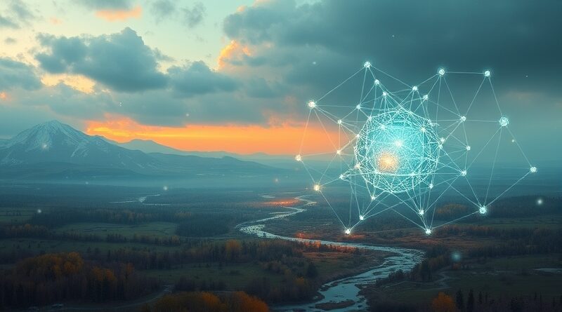 Futurystyczna sieć danych chroniąca stylizowane ukraińskie pole bitwy, symbolizująca użycie AI w obronie.