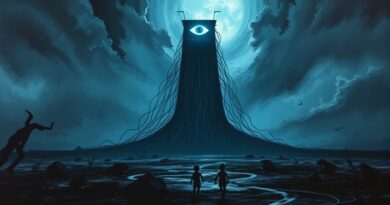 Mroczna, surrealistyczna wieża z obwodów rzuca cień na uciekające sylwetki dzieci. Technologia i zagłada.