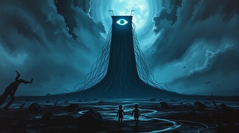 Mroczna, surrealistyczna wieża z obwodów rzuca cień na uciekające sylwetki dzieci. Technologia i zagłada.