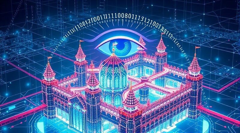 Cyfrowa forteca z danych, strzeżona przez oko AI, symbolizuje europejski pancerz cyberbezpieczeństwa.