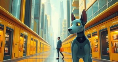 Futurystyczne miasto z paczkomatami InPost, klient prowadzony przez AI, styl Art Nouveau.