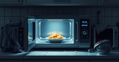 Futurystyczna, opustoszała kuchnia. Zaawansowana, ale zakurzona technologia kontrastuje z samotnym, odgrzewanym posiłkiem w mikrofalówce.