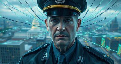 Związany siecią światłowodów generał z binarnym kodem na twarzy, symbolizujący ograniczenia AI w wojsku USA.