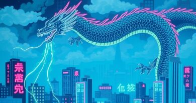 Stylizowany smok z obwodami zamiast łusek, ziejący danymi nad neonową metropolią, symbolizuje chińską dominację AI.