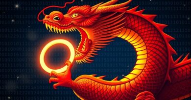 Chiński smok połyka symbol open-source. W tle zachodnie gwiazdy GitHub słabną.