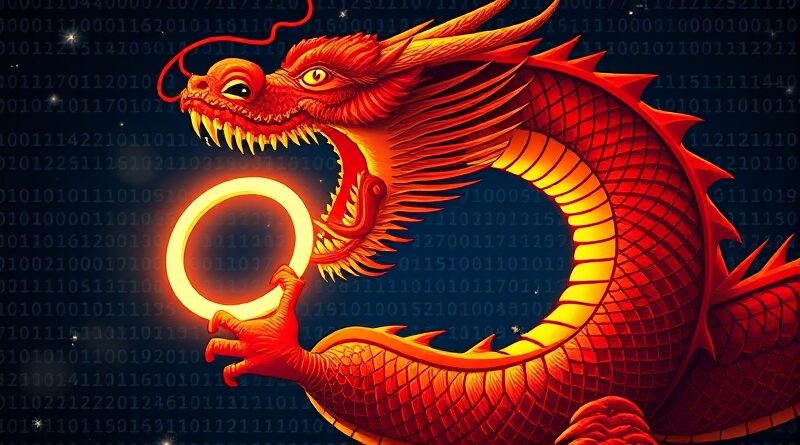 Chiński smok połyka symbol open-source. W tle zachodnie gwiazdy GitHub słabną.