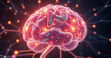 Świecący mózg z siecią neuronową, abstrakcyjne kwiaty reprezentujące idee, krystaliczne soczewki autoenkoderów.