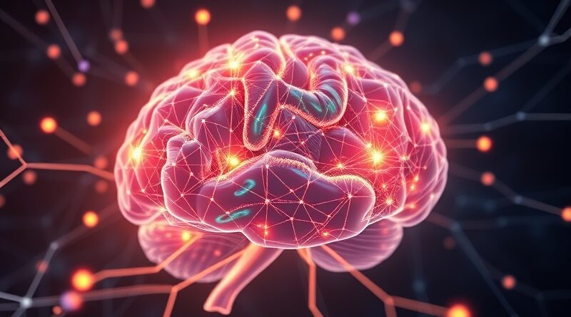 Świecący mózg z siecią neuronową, abstrakcyjne kwiaty reprezentujące idee, krystaliczne soczewki autoenkoderów.