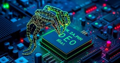 Cyfrowy pasożyt: siatka kodu atakuje płytę główną, tworząc szpon kontroli. Ciemne błękity, zielenie, skażona czerwień.