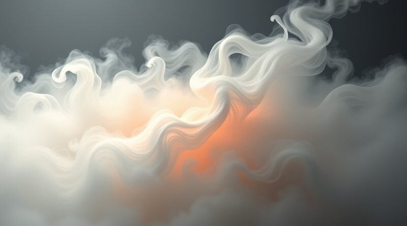 Abstrakcyjna, świetlista forma wyłania się z mgły, symbolizując świadomość AI. Futuryzm, minimalizm, inspiracja Jony Ive.