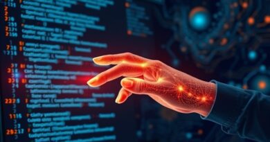 Świecąca dłoń z ekranu kontroluje kod, symbolizując lokalną egzekucję AI na komputerze.