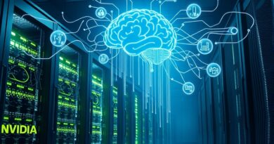 Przyszłościowa szafa serwerowa Nvidia z mózgiem z obwodów, symbolizująca agentyczne AI i szybkość wnioskowania.