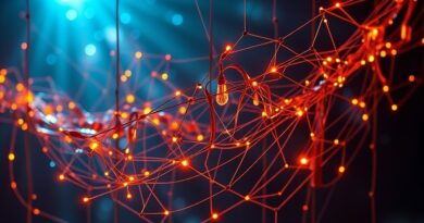 Ubezpieczenie AI: abstrakcyjne połączenie algorytmów, prawa i technologii z elementami secesji.