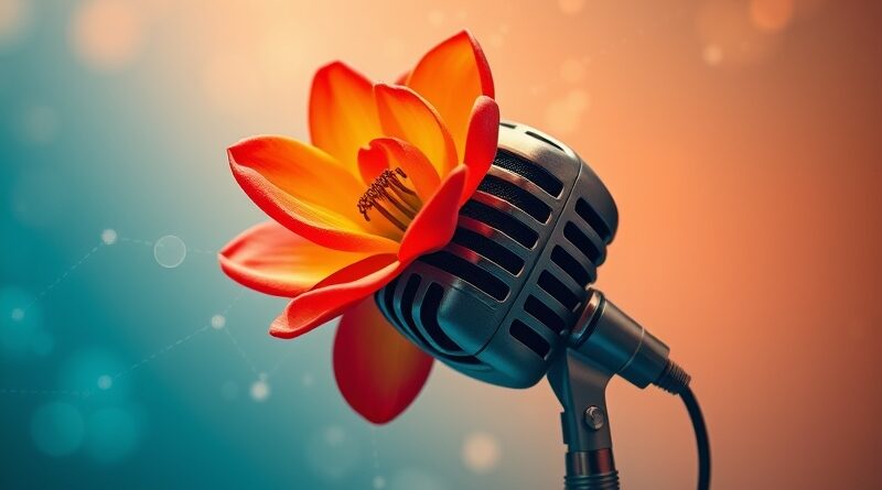 Surrealistyczne połączenie mikrofonu vintage, kwiatu i strumieni danych na tle błękitno-pomarańczowego gradientu.