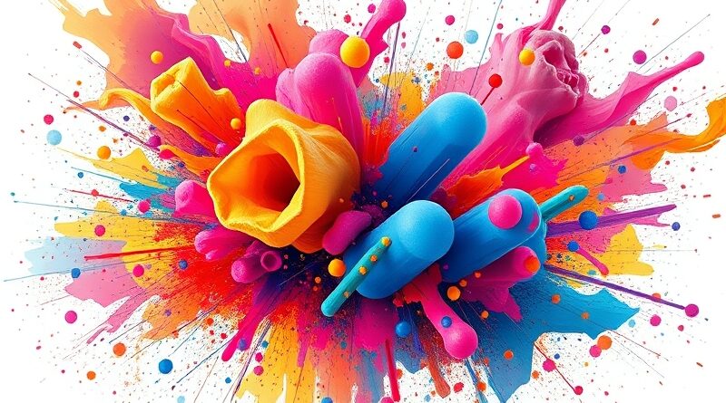 Abstrakcyjna eksplozja kolorów przechodząca w uporządkowane elementy UI. Energetyczny chaos i eksperyment w cyfrowym projekcie.