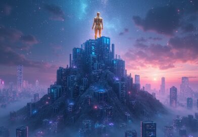 Futurystyczna forteca cyfrowa w odcieniach fioletu i błękitu broni się przed rojem cząsteczek AI.