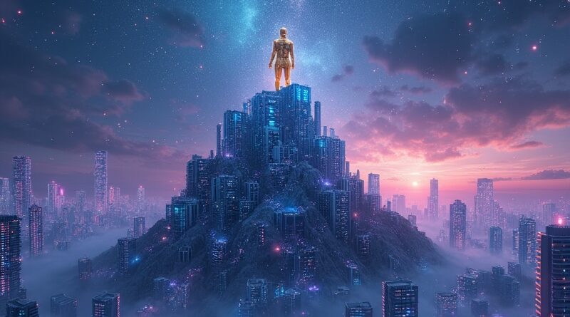 Futurystyczna forteca cyfrowa w odcieniach fioletu i błękitu broni się przed rojem cząsteczek AI.