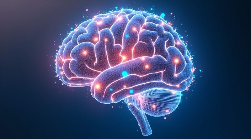 Świecący mózg z węzłów i ikon Adobe Creative Cloud na tle gradientu fioletu i błękitu.