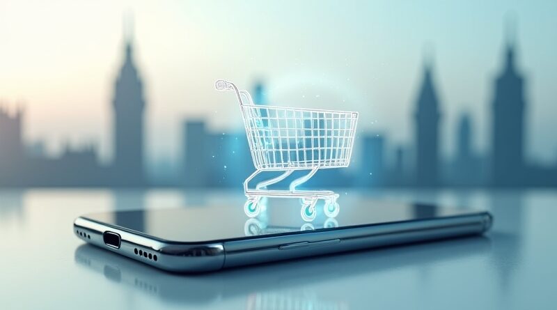 Smartfon Gemini z pulsującym koszykiem: automatyczne zakupy, subtelne tło z motywami handlowymi.