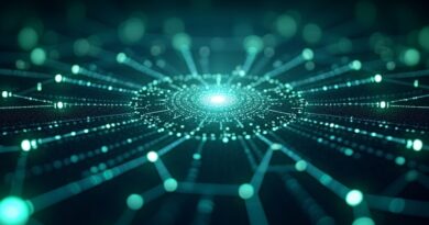 Sieć neuronowa AI z promieniami danych, w tle symbole sprawiedliwości i fragmenty kodu.