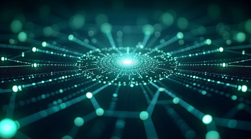 Sieć neuronowa AI z promieniami danych, w tle symbole sprawiedliwości i fragmenty kodu.