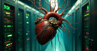 Steampunkowe serce z kablami i danymi w serwerowni, symbolizuje problemy integracji AI z legacy systemami.