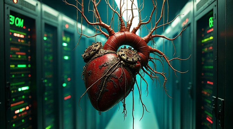 Steampunkowe serce z kablami i danymi w serwerowni, symbolizuje problemy integracji AI z legacy systemami.