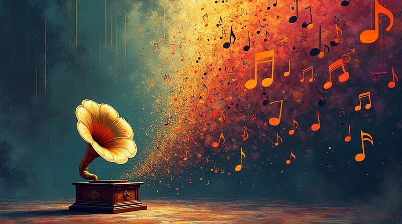 Antyczny gramofon zalany chaosem nut w stylu Art Nouveau; symbol algorytmicznego potopu muzyki AI.