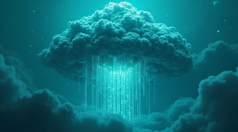 Kobaltowo-jadeitowa chmura z fractalną strukturą mikrochipów. Lśniący kod formuje subtelny zarys chińskiego smoka i abakusa.