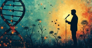 Sylwetka muzyka z DNA na tle abstrakcyjnego krajobrazu raka trzustki, łącząca muzykę z biotechnologią.