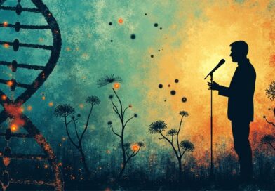 Sylwetka muzyka z DNA na tle abstrakcyjnego krajobrazu raka trzustki, łącząca muzykę z biotechnologią.