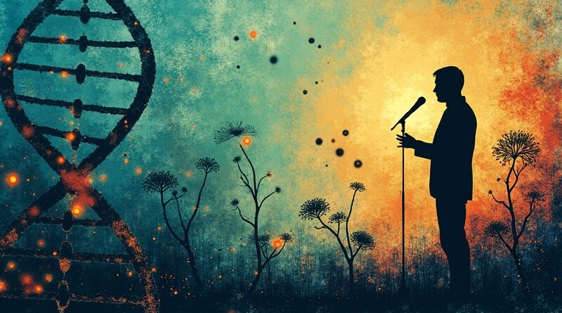 Sylwetka muzyka z DNA na tle abstrakcyjnego krajobrazu raka trzustki, łącząca muzykę z biotechnologią.