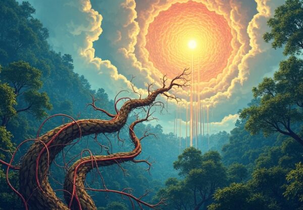 Symbioza: soczysty las deszczowy (Anthropic) spleciony światłowodami z chmurami naszpikowanymi energią (AWS).