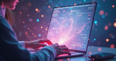 Eteryczna istota Claude AI operuje promieniami danych, kontrolując programy na ekranie komputera.