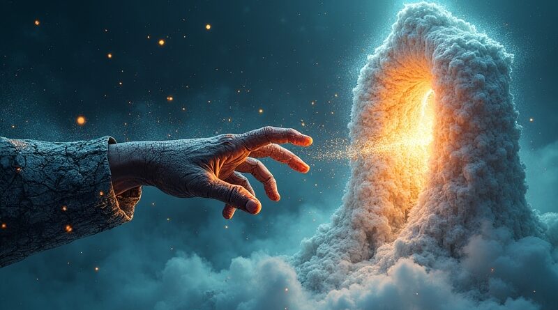 Pęknięta, cyfrowa dłoń próbuje dosięgnąć monolitu. Starcie open-source z korporacją w świecie AI.