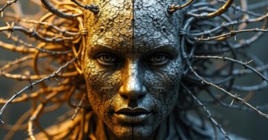 Abstrakcja AI: złoto innowacji i stalowy uścisk wojska, spętany drutem kolczastym.