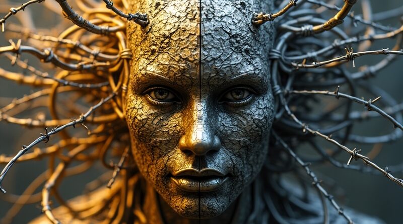 Abstrakcja AI: złoto innowacji i stalowy uścisk wojska, spętany drutem kolczastym.