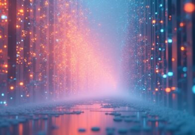 Abstrakcyjna wizualizacja Claude Design: kod łączy się z typografią i paletą barw Anthropic.