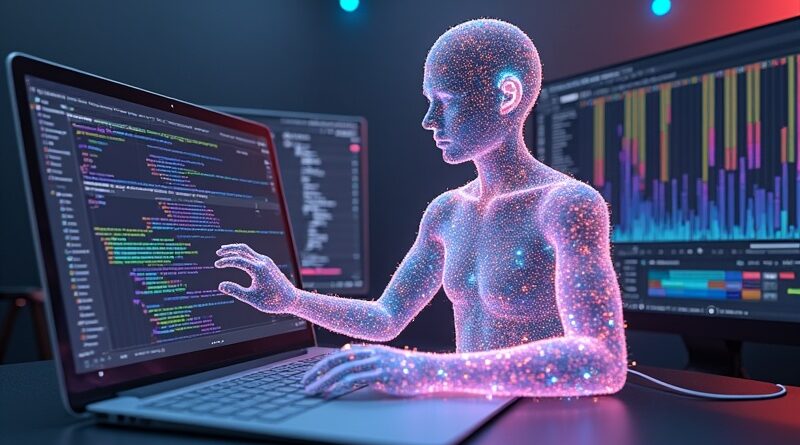 Eteryczny Claude wpleciony w interfejsy Blenda, Adobe CC i Abletona, manifestacja AI w kreatywnym flow.