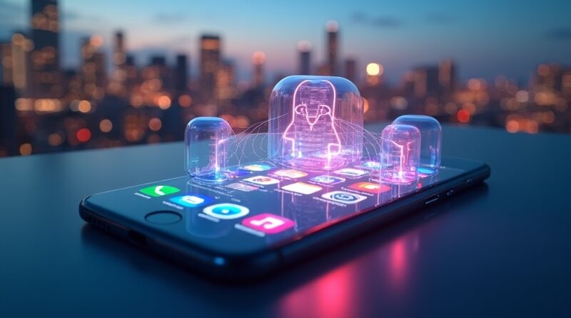 AI w iOS: Energia łączy aplikacje, miasto w tle. Autonomia i dostępność w smartfonie.