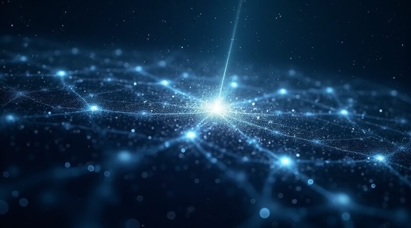 Sieć połączonych, świecących węzłów symbolizuje nowy system Advisor od Anthropic, łączący moc i oszczędność.