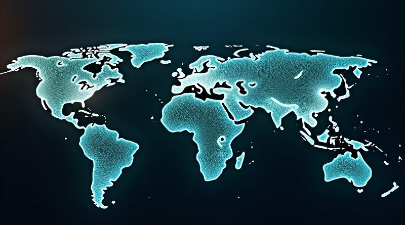 Sieć serwerów w kształcie globu. Kluczowe węzły w Londynie i Sydney. Przepływ danych, kolory: niebieski, zielony, złoty.