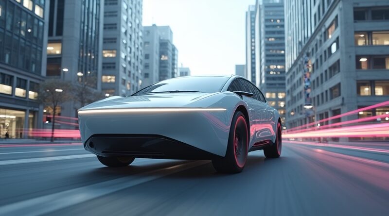 Interfejs VR. Autonomiczny pojazd testowany w fotorealistycznej, wirtualnej metropolii, kodowanie AI w tle.