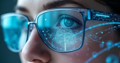 Futurystyczne okulary Apple odbijające abstrakcyjne krajobrazy cyfrowe i sieci neuronowe. Minimalizm i AI w służbie nowej strategii.