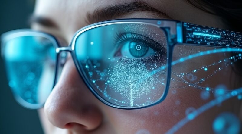 Futurystyczne okulary Apple odbijające abstrakcyjne krajobrazy cyfrowe i sieci neuronowe. Minimalizm i AI w służbie nowej strategii.