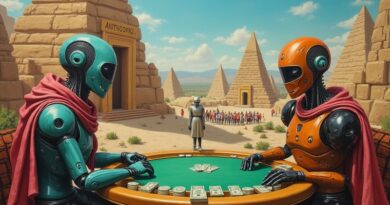 Surrealistyczny pejzaż Doliny Krzemowej: serwerownie-zigguraty, AI gra w pokera, Anthropic strzeżone, OpenAI oblężone.